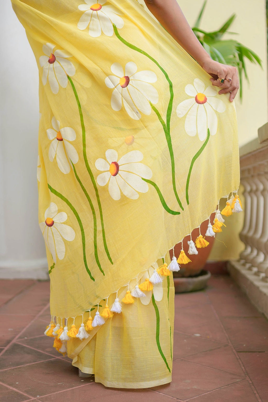 Yellow Hand Painted Mulmul Cotton Saree