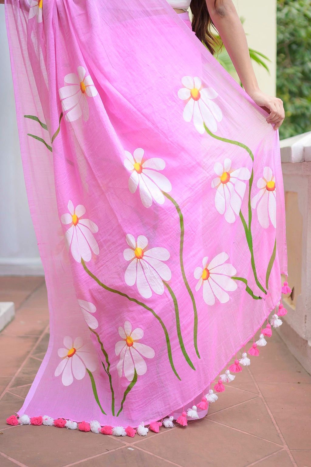 Baby Pink Hand Painted Mulmul Cotton Saree