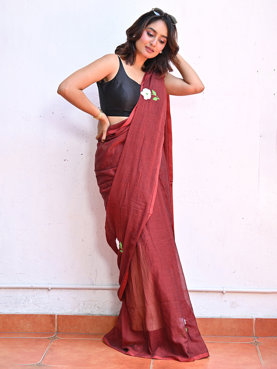 Brown Embroidered Mulmul Cotton Saree