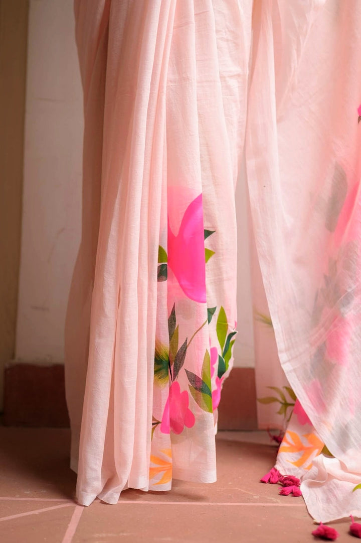 Hand Painted Flamingo Mulmul Cotton Saree