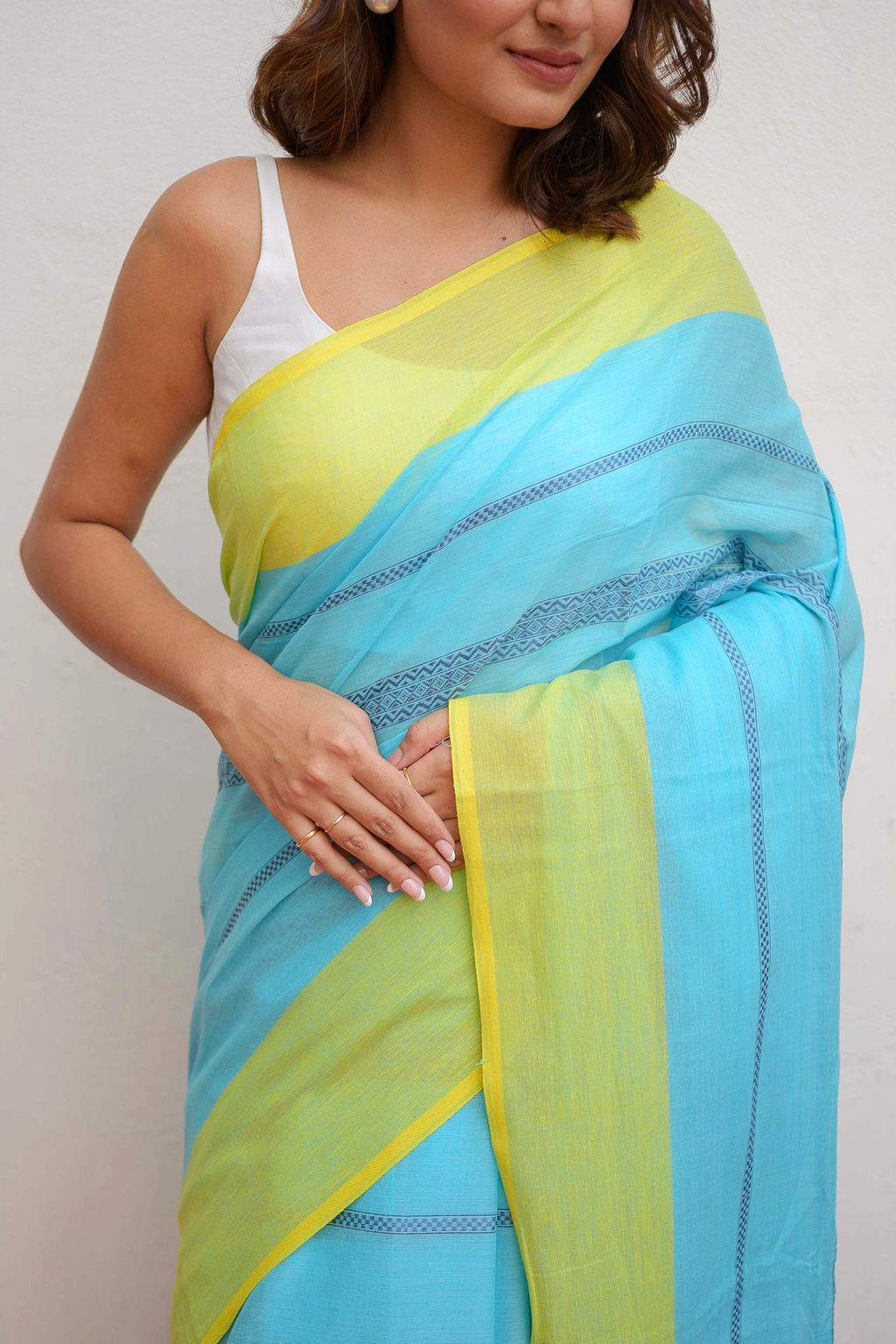 Sky Blue Green Pure Cotton Saree