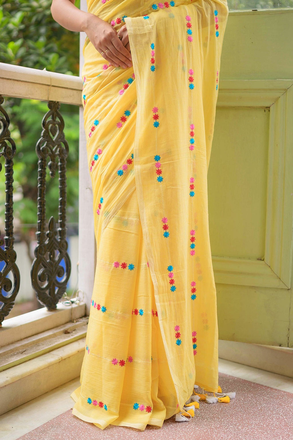 Yellow Embroidery Mulmul Cotton Saree