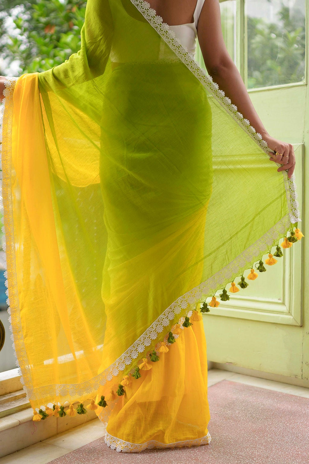 Green Tie dye Mulmul Cotton Saree