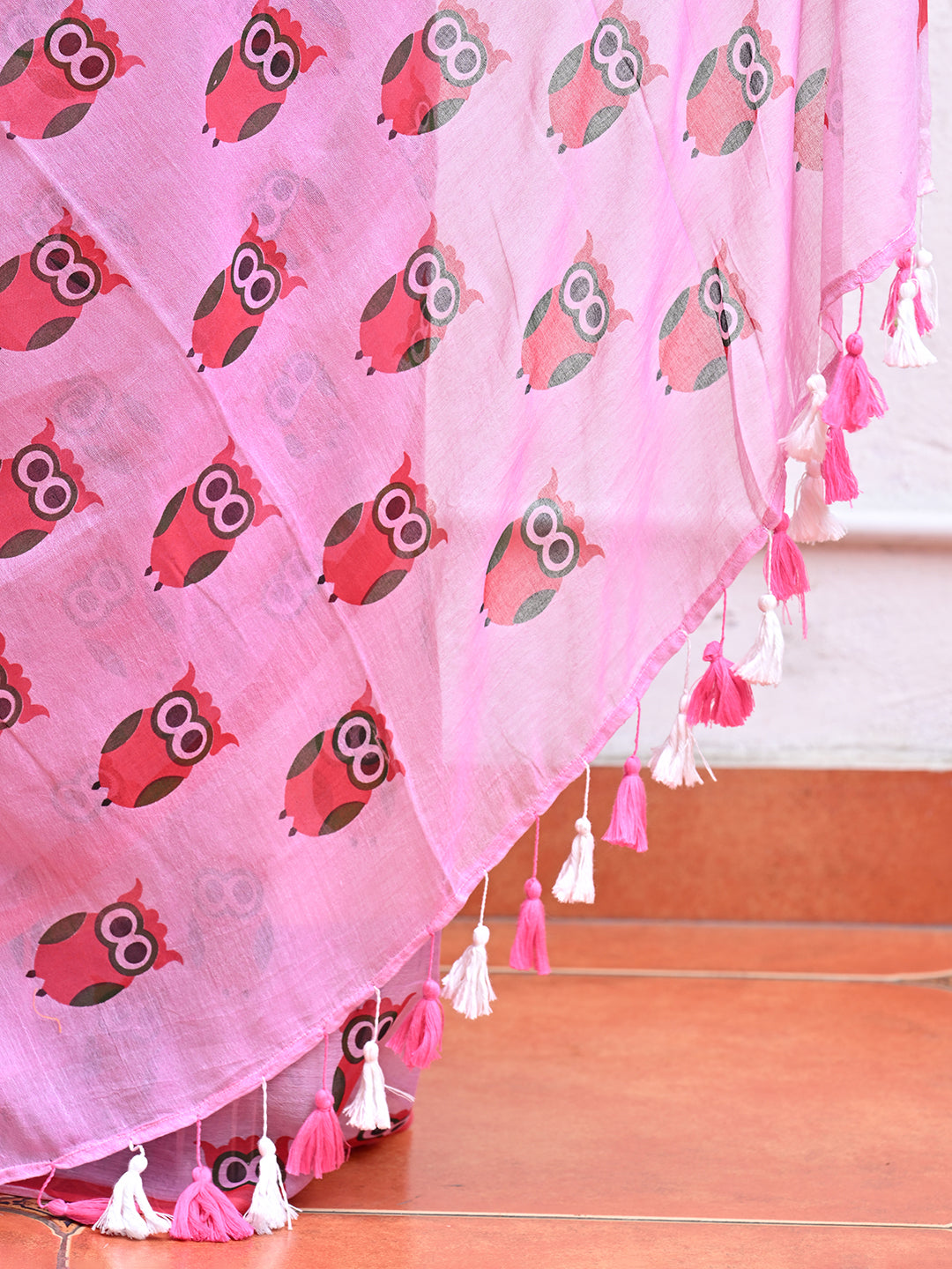 Pink Owl Mulmul Cotton Saree