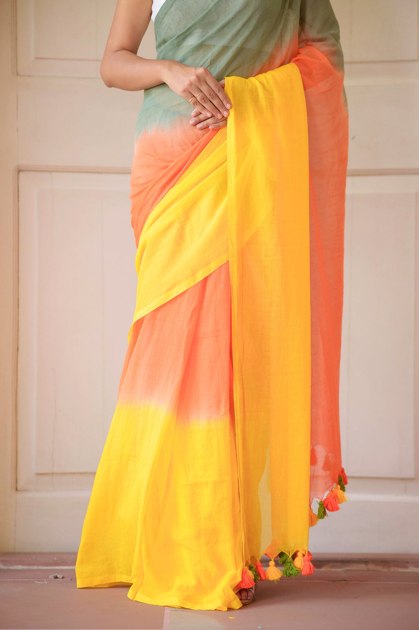 Orange Tie Dye Mulmul Cotton Saree