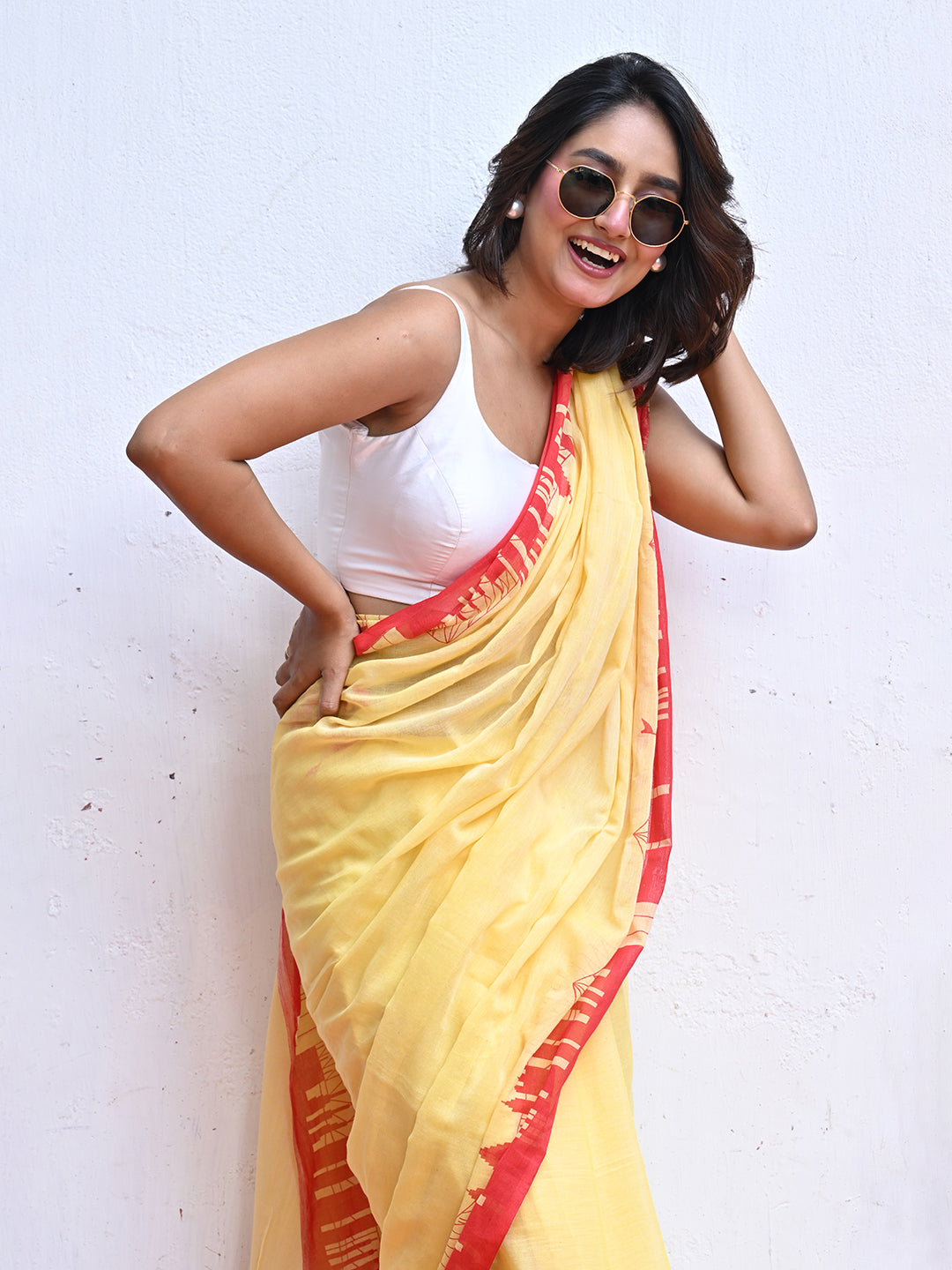 Yellow Mulmul Cotton Saree