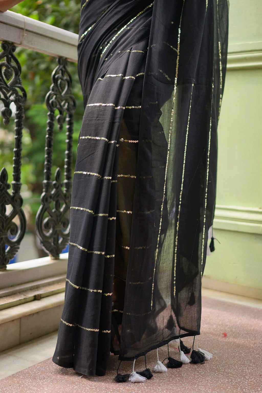 Black Sequined Mulmul Cotton Saree