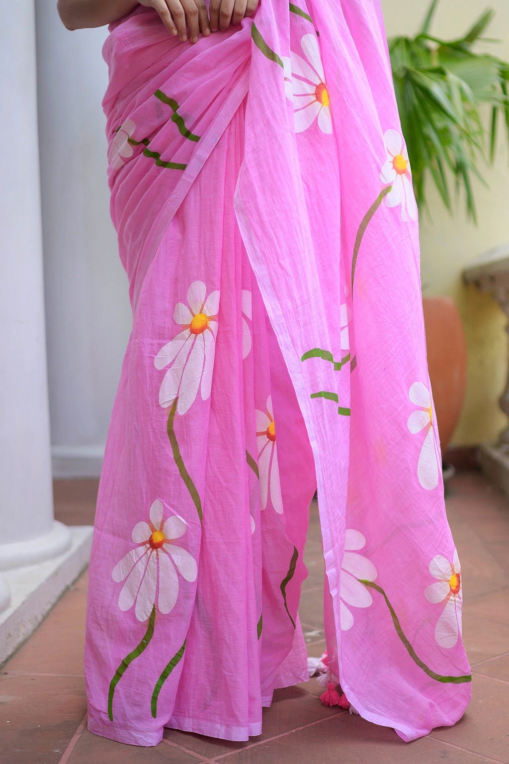 Baby Pink Hand Painted Mulmul Cotton Saree