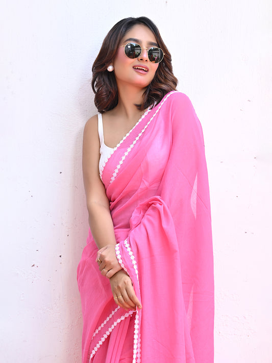 Pink Mulmul Cotton Saree