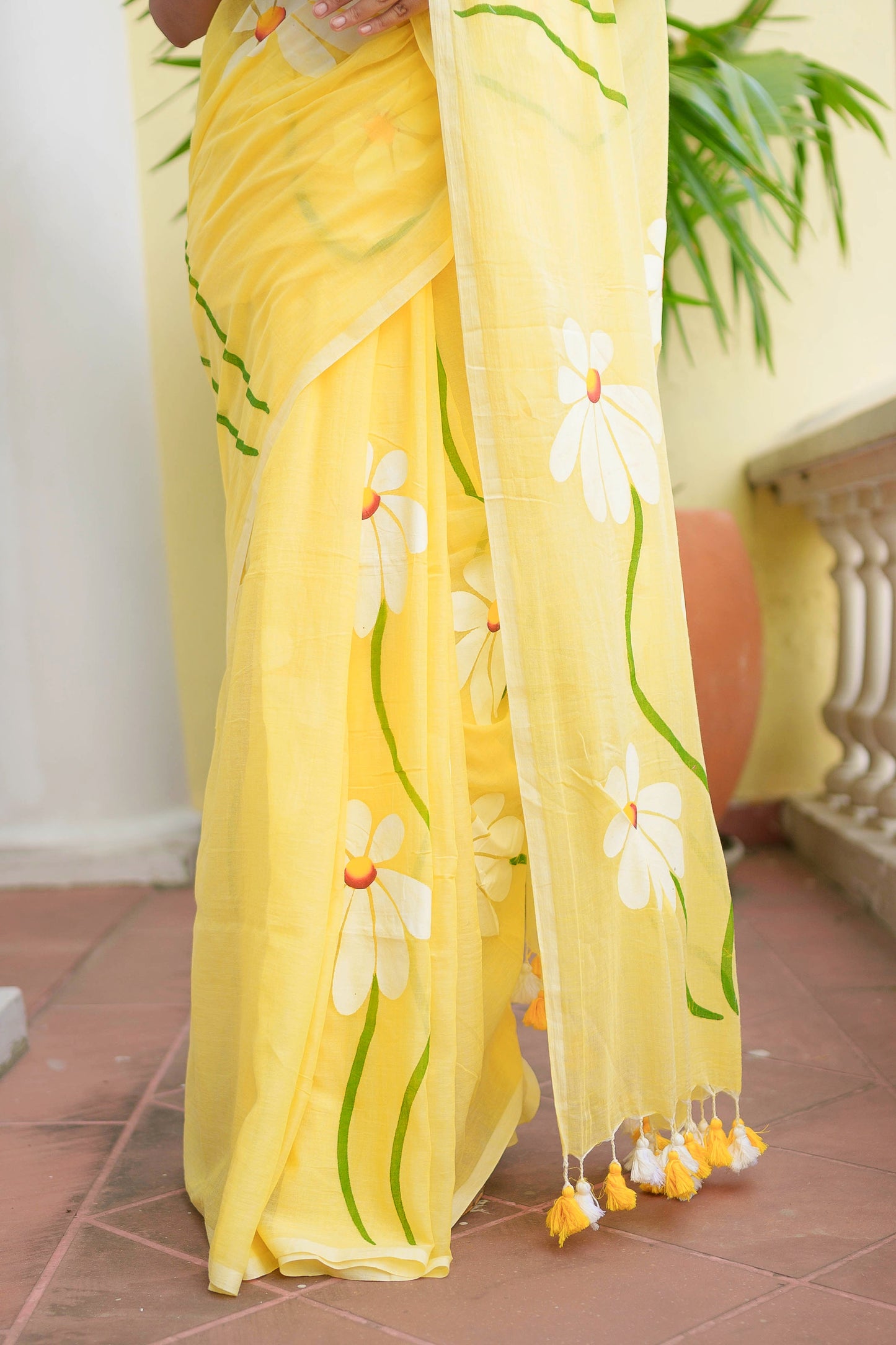 Yellow Hand Painted Mulmul Cotton Saree