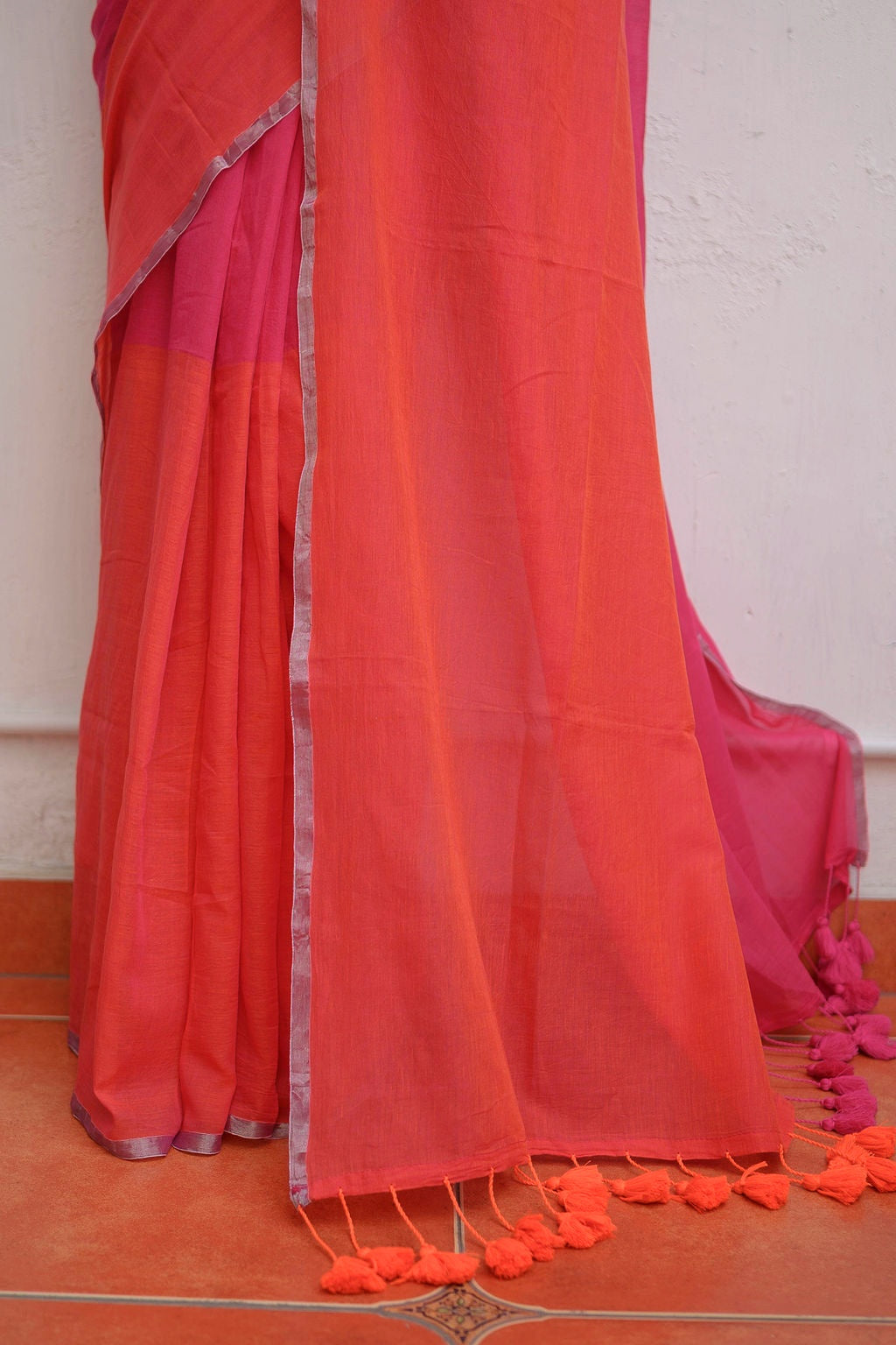 Pink And Orange Mulmul Cotton Saree