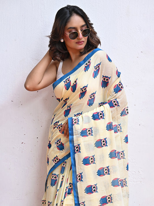 Yellow Owl Mulmul Cotton Saree