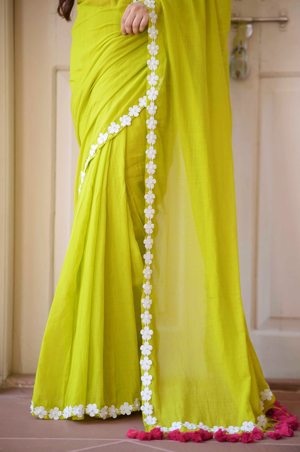 Flower Lime Green Mulmul Cotton Saree