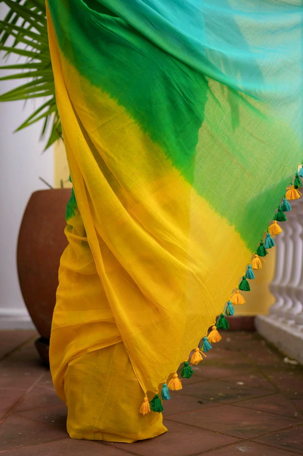 Green Yellow Tie Dye Mulmul Cotton Saree