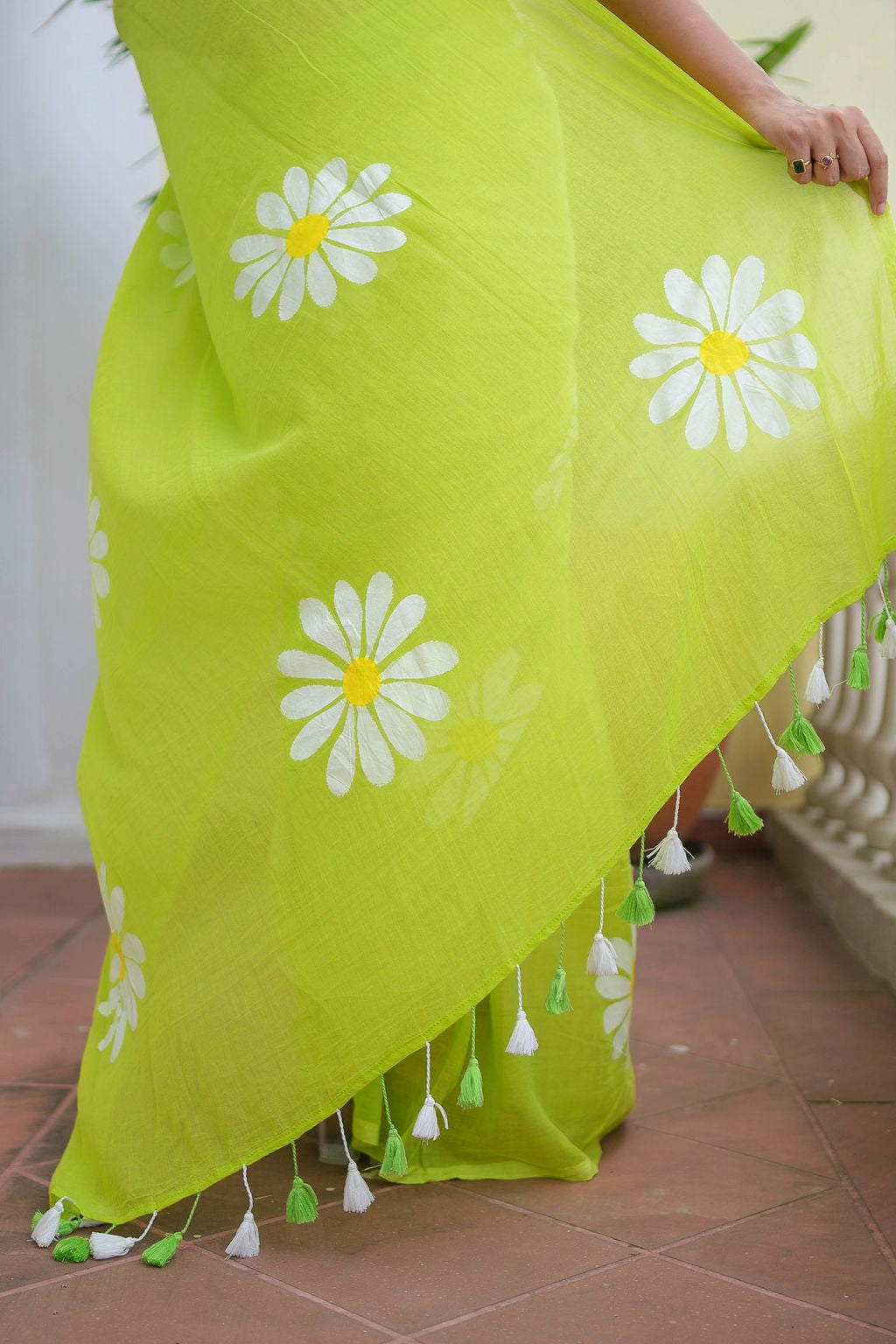 Green Hand Painted Mulmul Cotton Saree