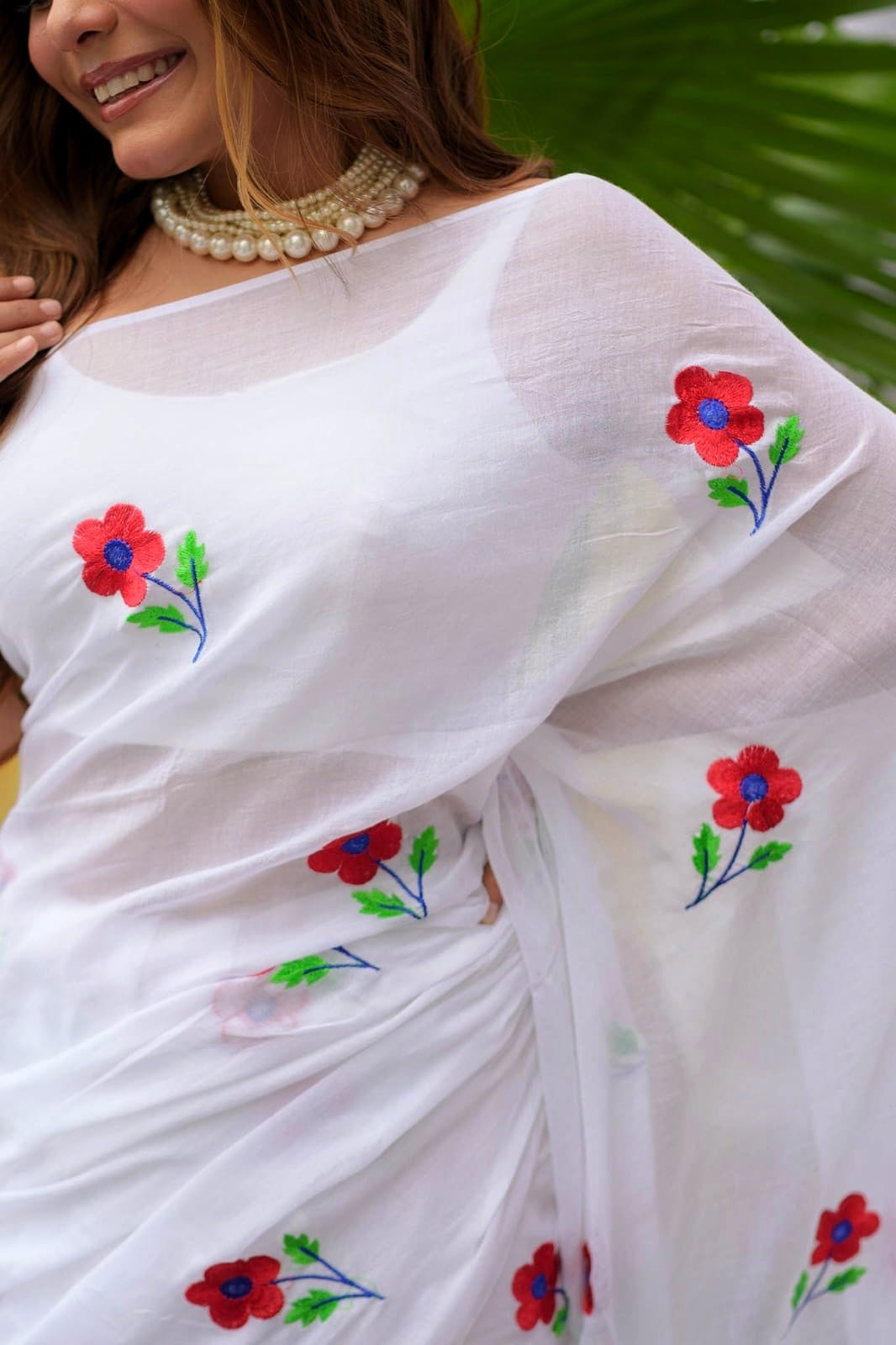 White Rose Embroidery Mulmul Cotton Saree