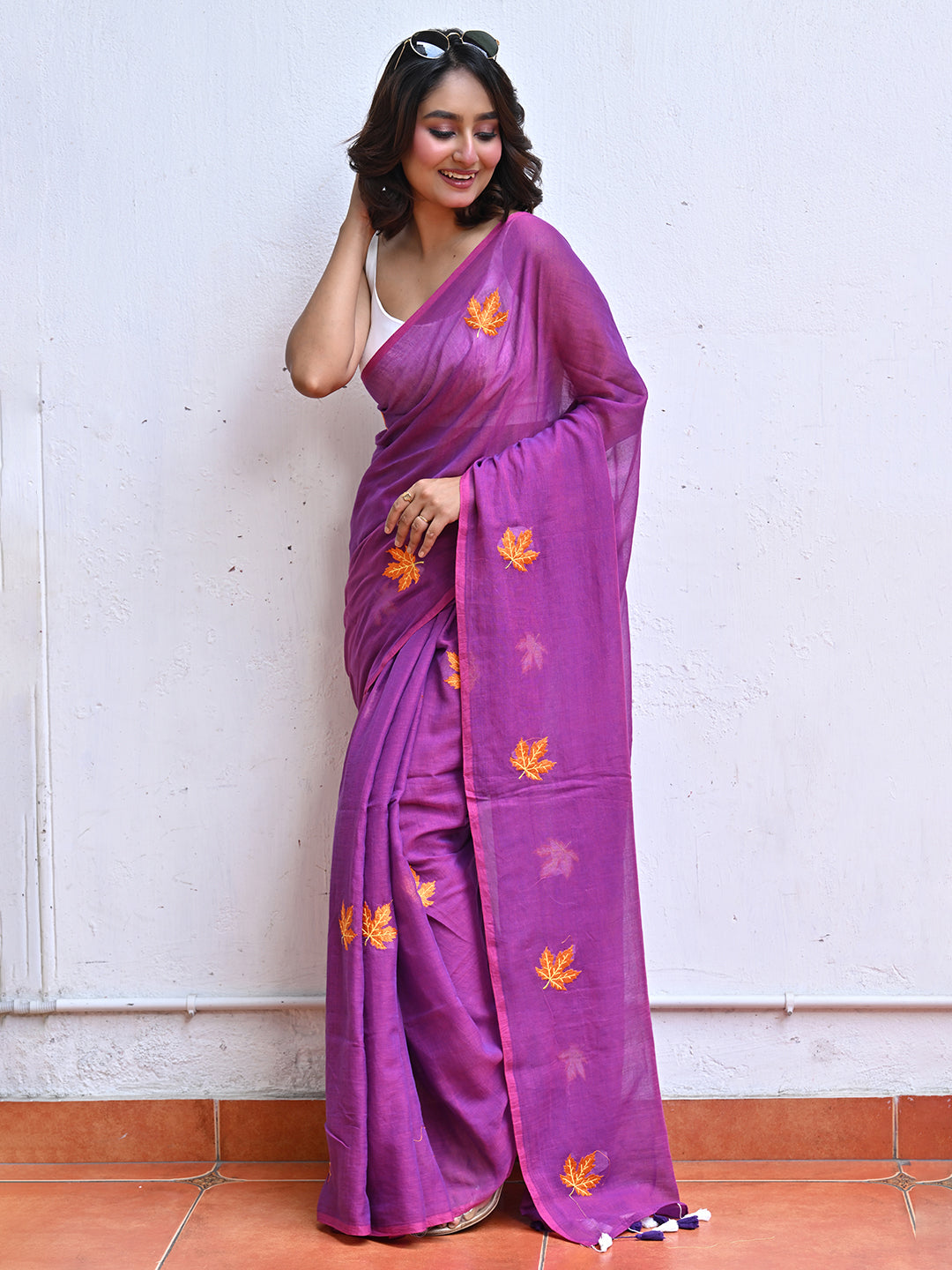 Purple Mulmul Cotton Saree