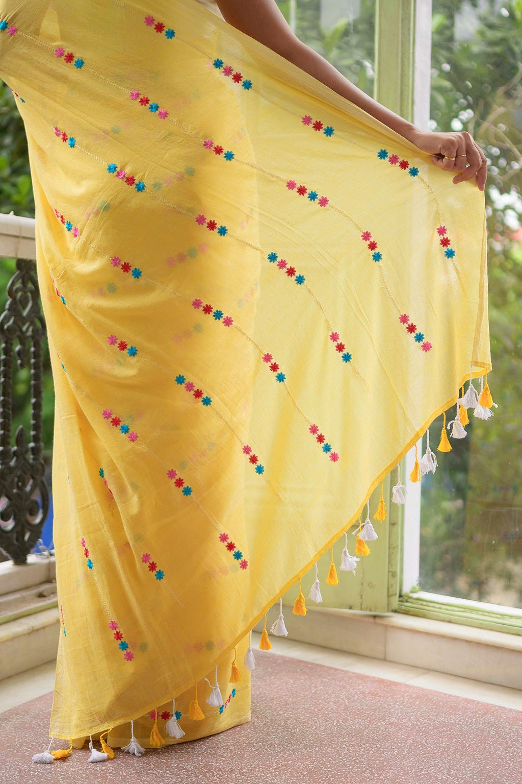 Yellow Embroidery Mulmul Cotton Saree