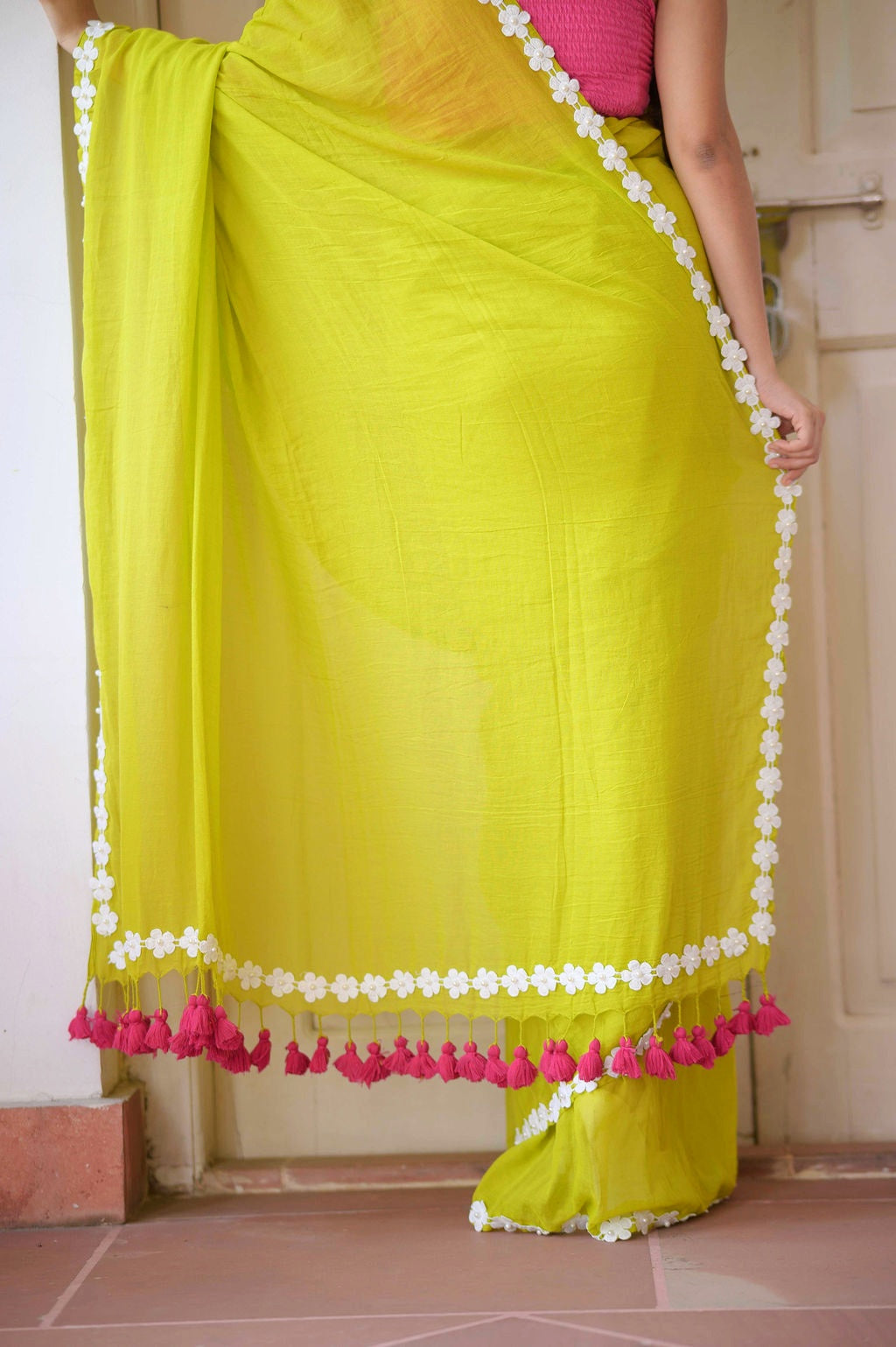 Flower Lime Green Mulmul Cotton Saree