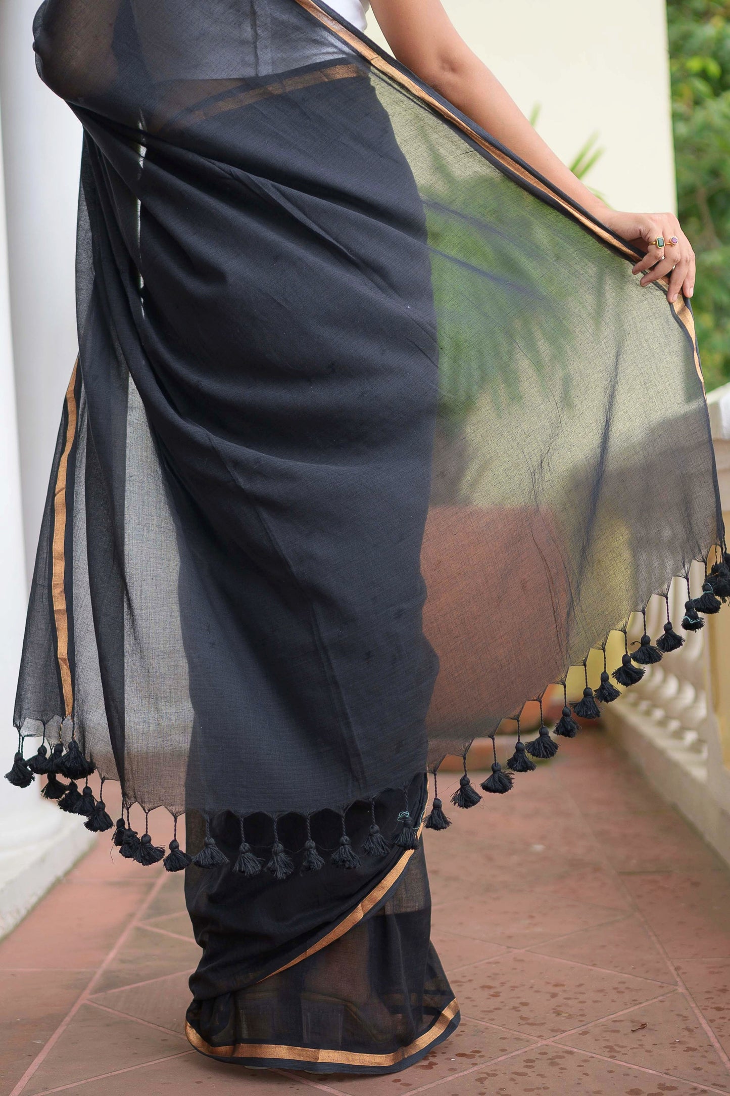 Black Golden Mulmul Cotton Saree