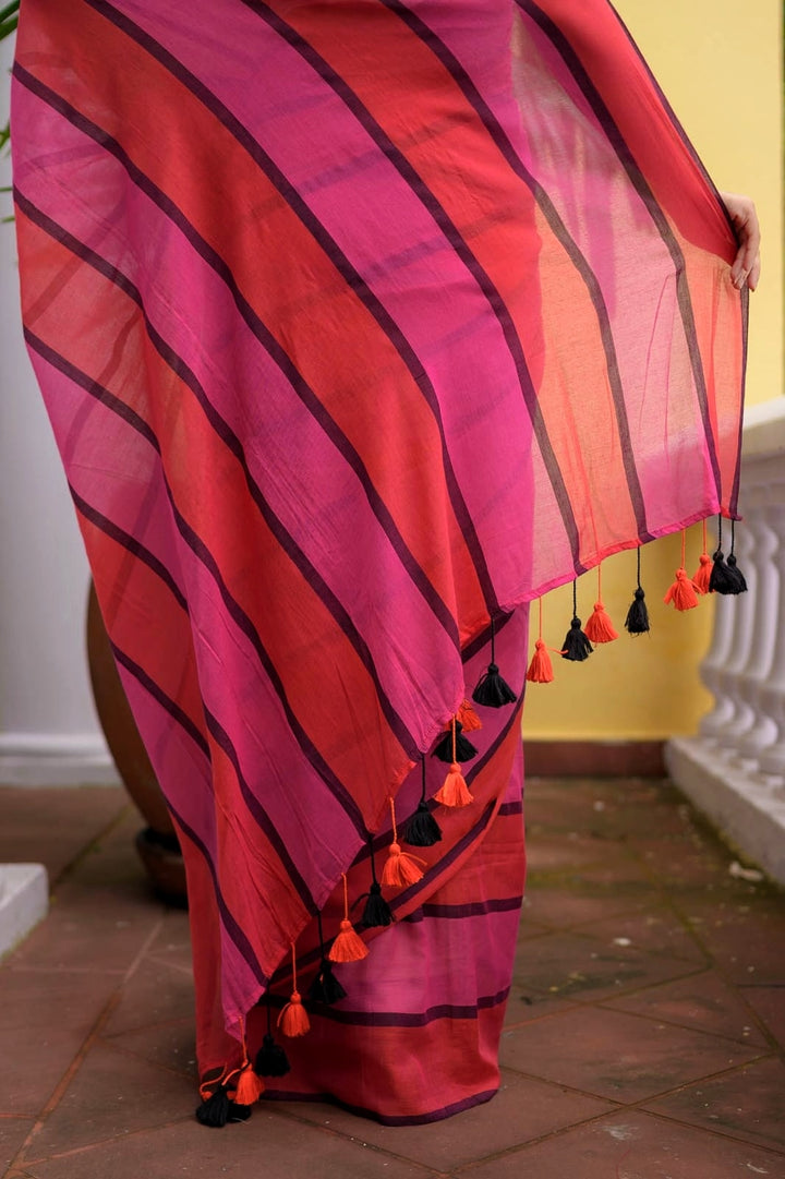 Pink Orange Mulmul Cotton Saree