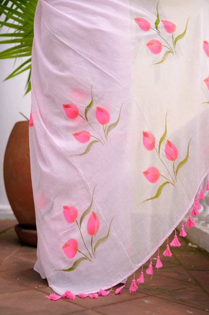 Hand Painted Baby Pink Mulmul Cotton Saree