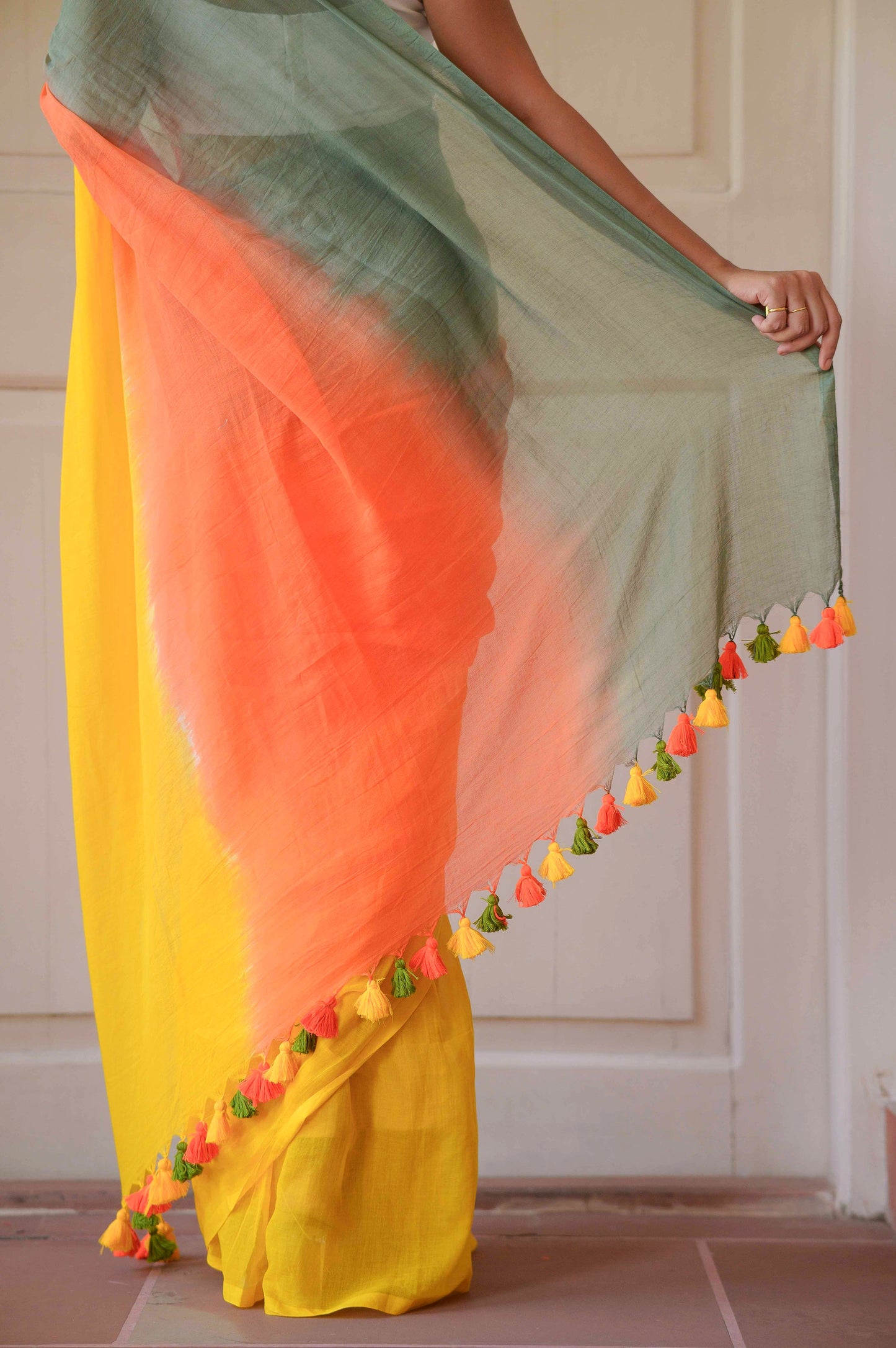 Orange Tie Dye Mulmul Cotton Saree