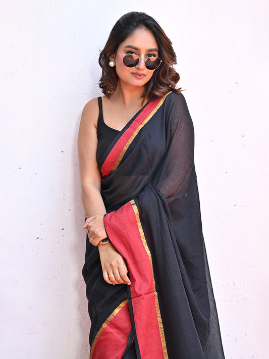 Black Mulmul Cotton Saree