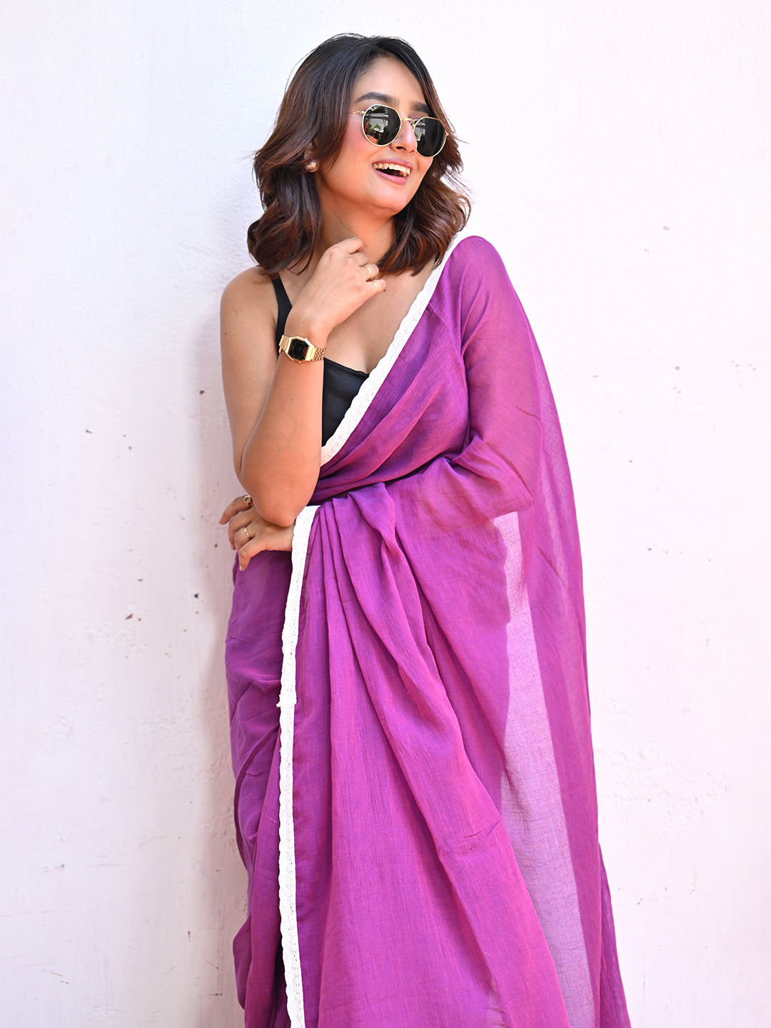 Purple Mulmul Cotton Saree