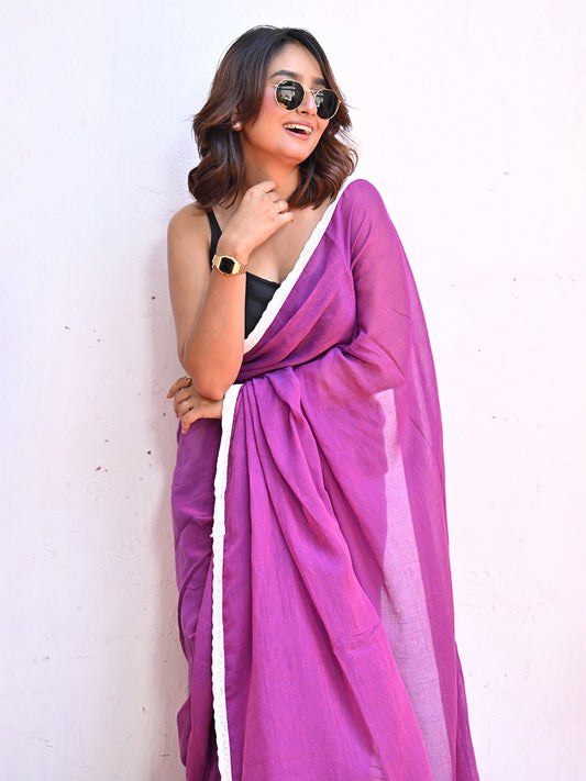 Purple Mulmul Cotton Saree