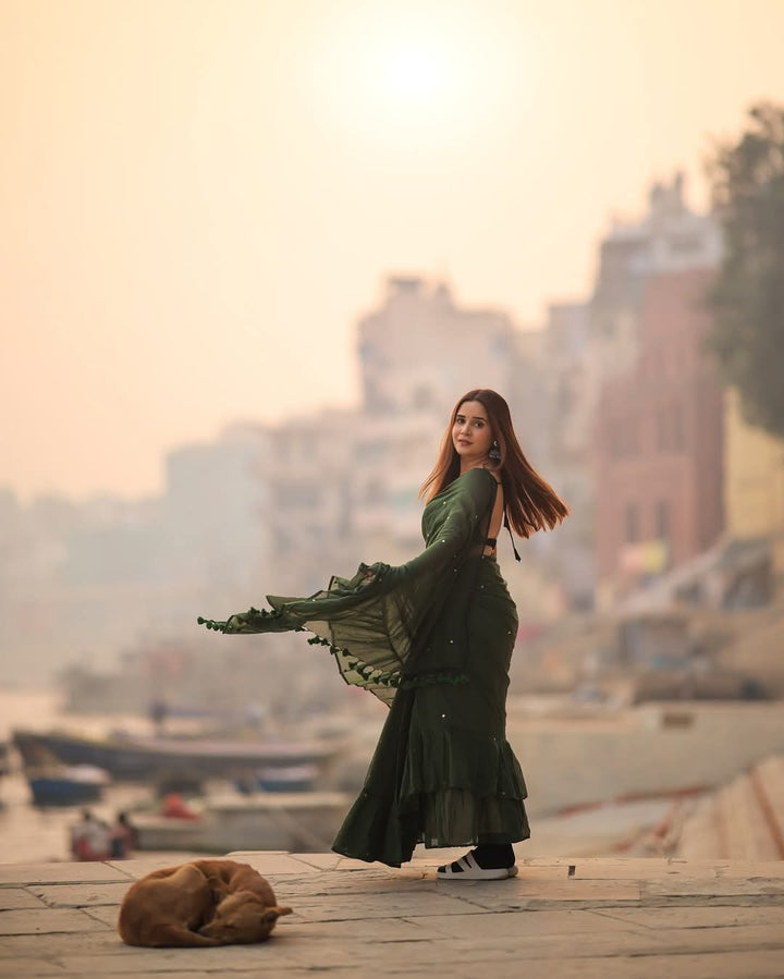 Green Ruffle Mulmul Cotton Saree