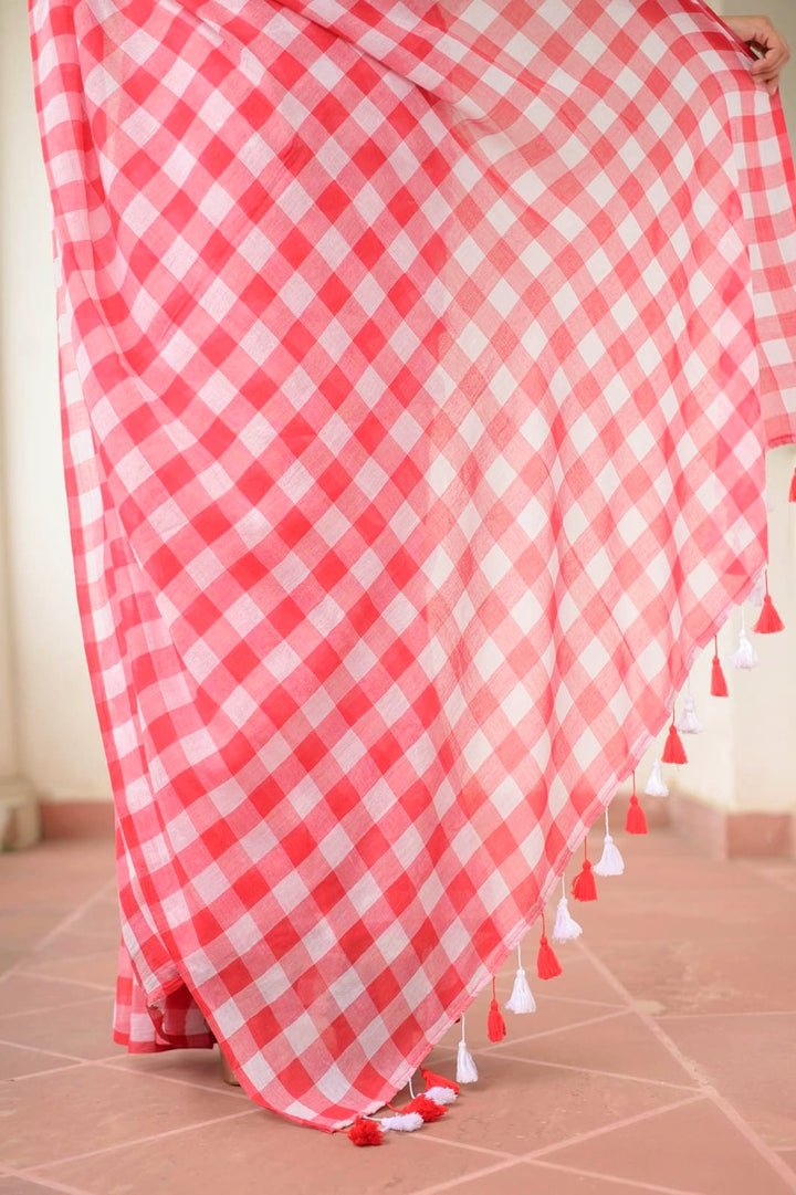 Gingham Red Mulmul Cotton Saree