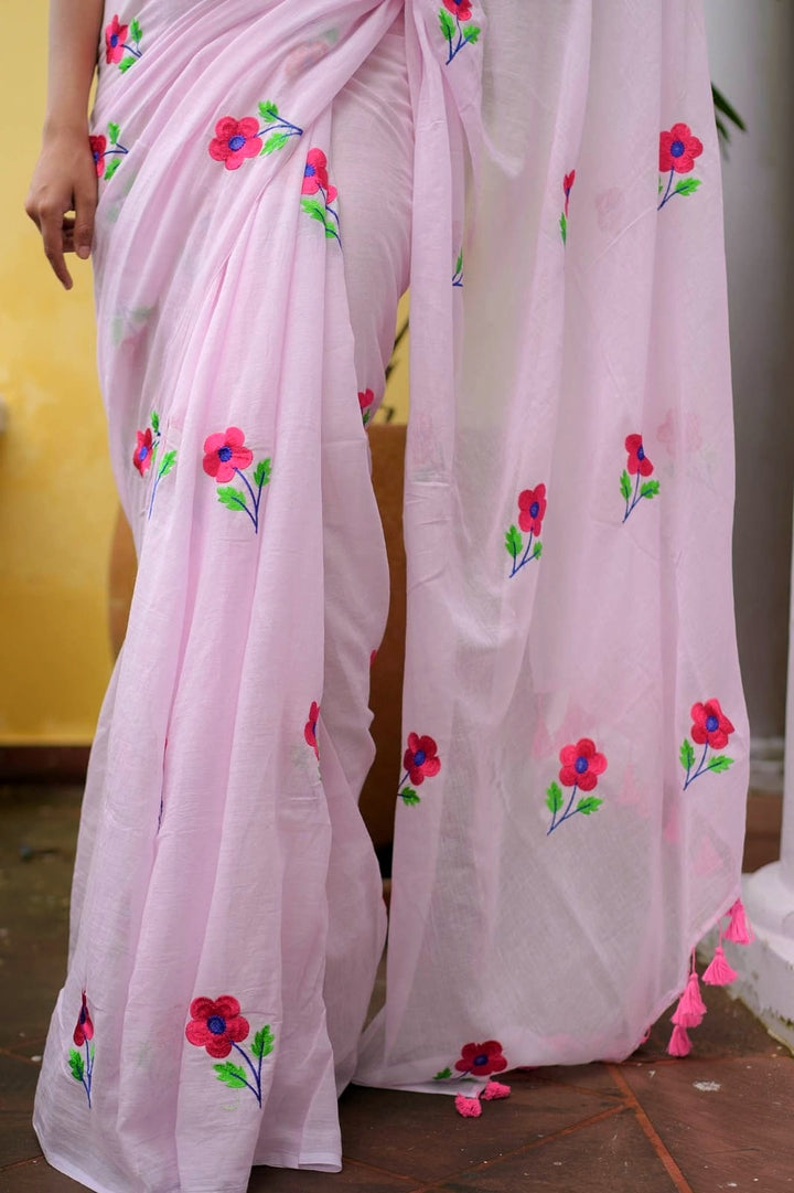 Baby Pink Rose Embroidery Mulmul Cotton Saree