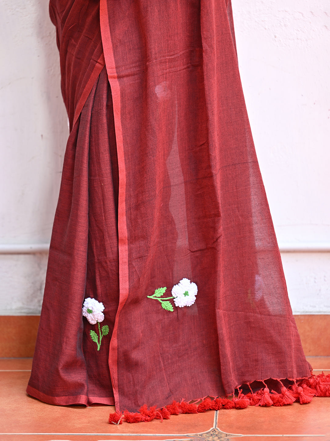 Brown Embroidered Mulmul Cotton Saree
