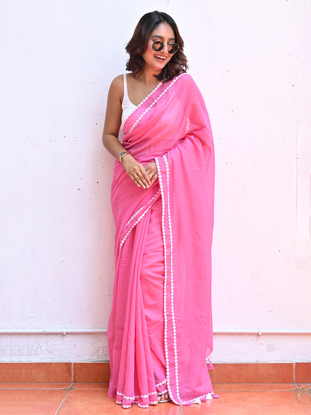 Pink Mulmul Cotton Saree