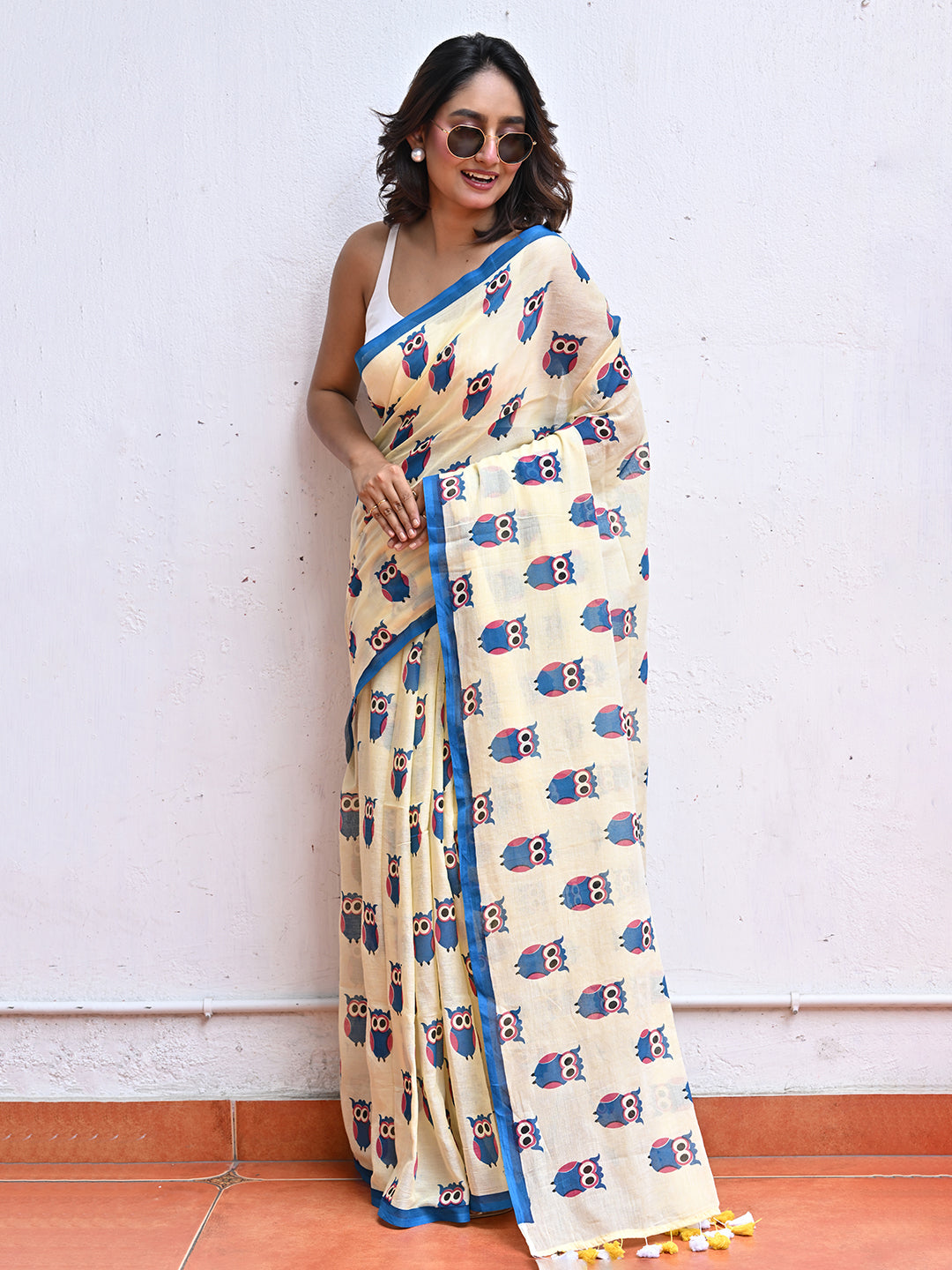 Yellow Owl Mulmul Cotton Saree