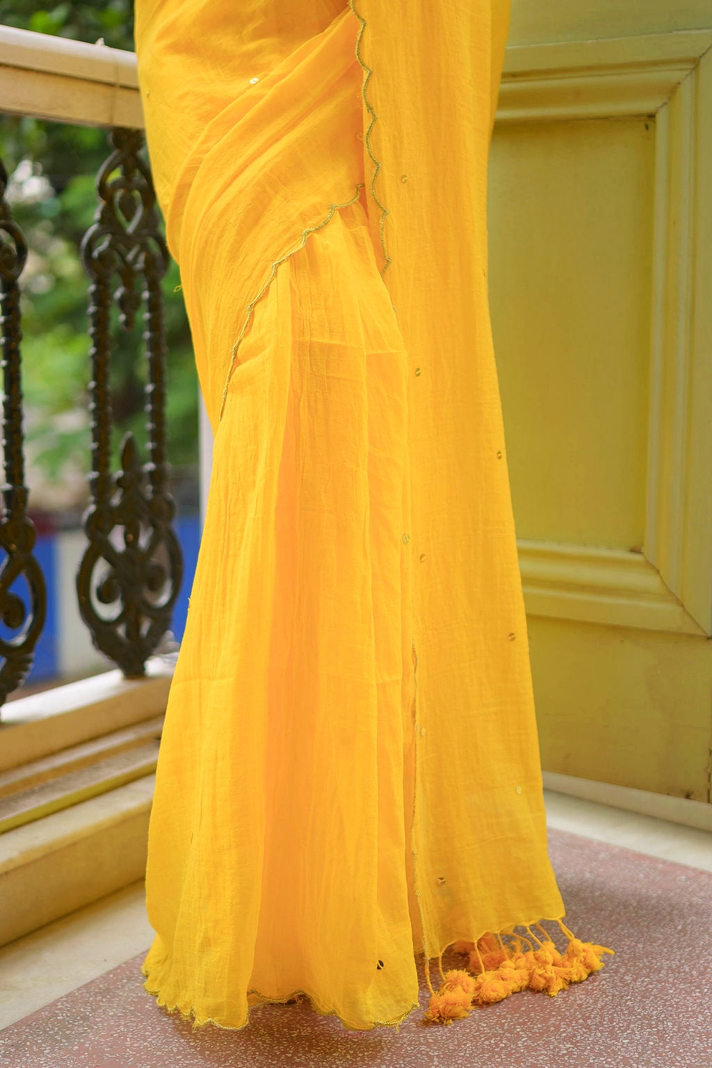 Yellow Sequined Mulmul Cotton Saree