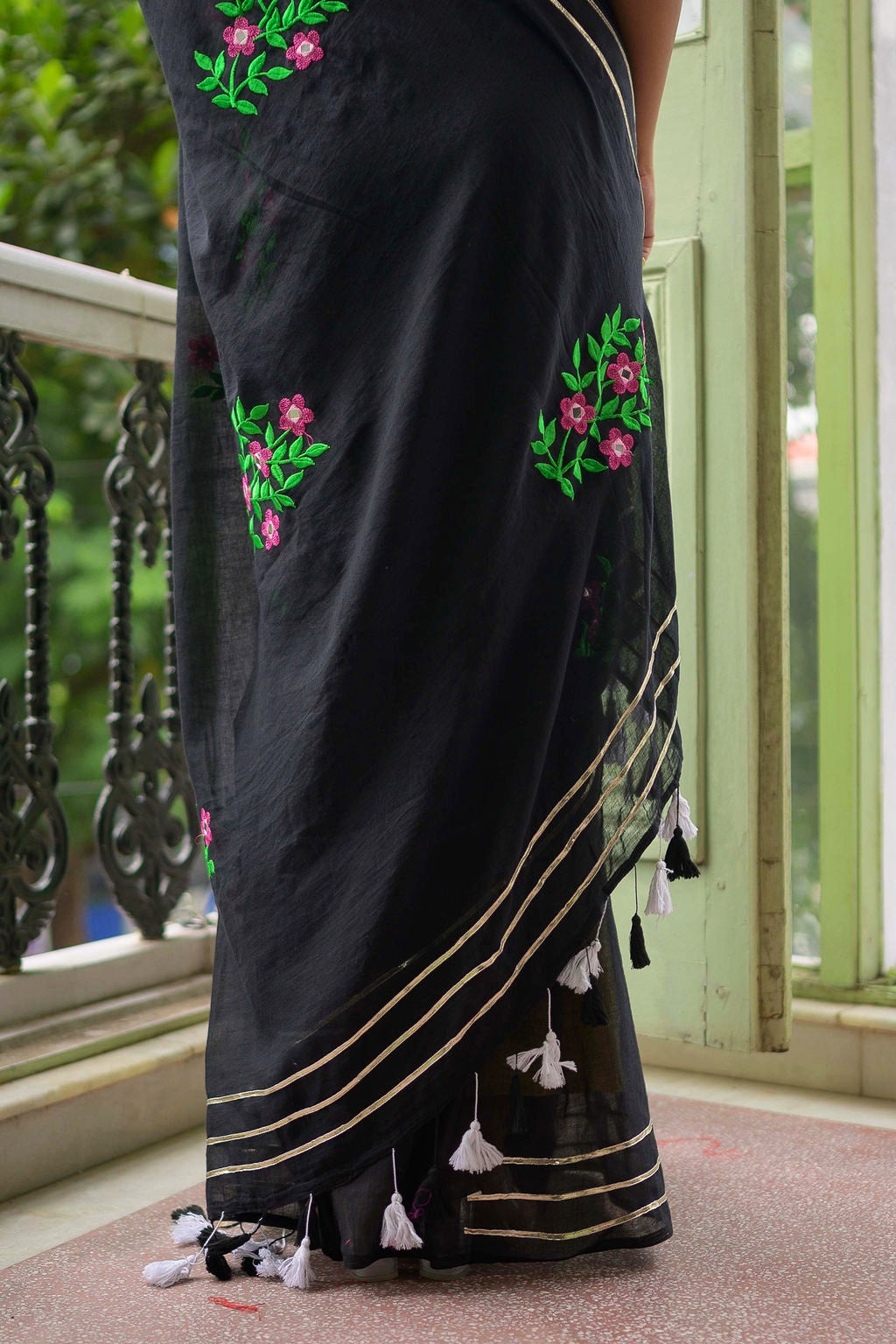 Black Sequined Mulmul Cotton Saree