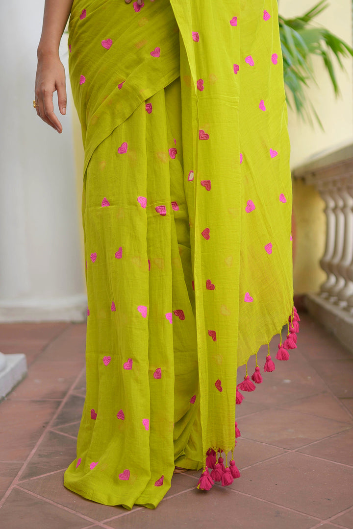 Lime Green Love Mulmul Cotton Saree
