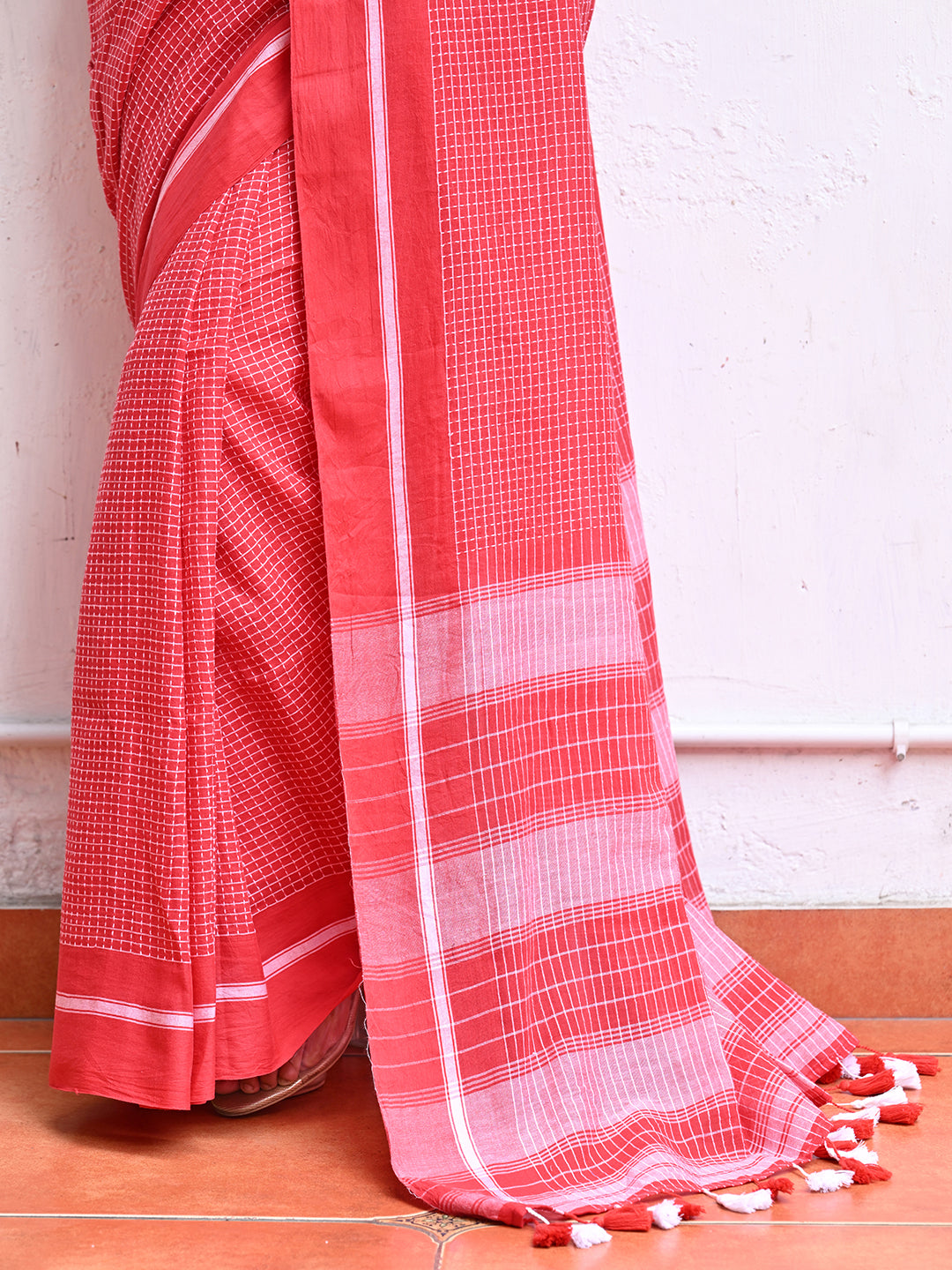 Red Check Mulmul Cotton Saree