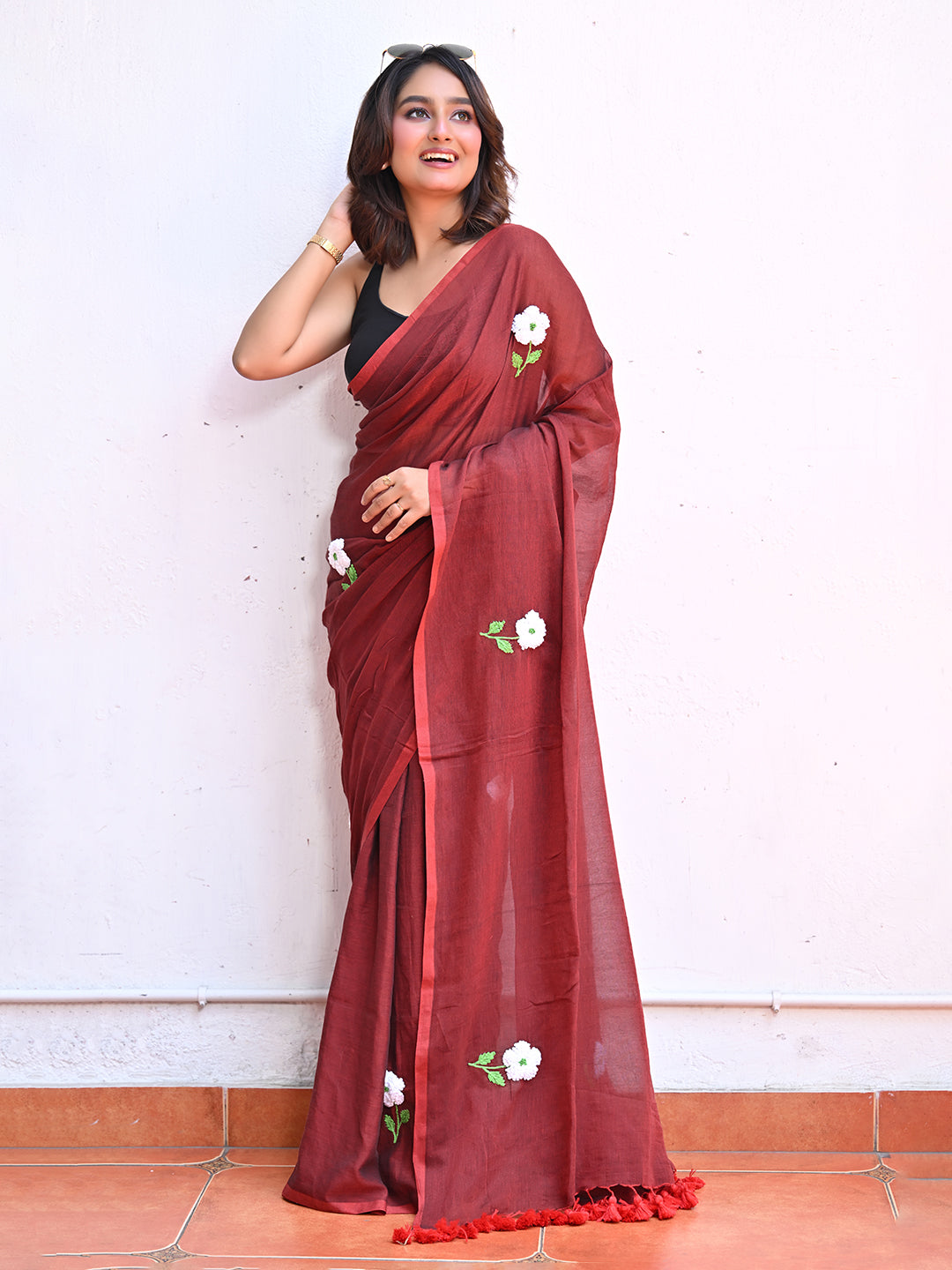 Brown Embroidered Mulmul Cotton Saree