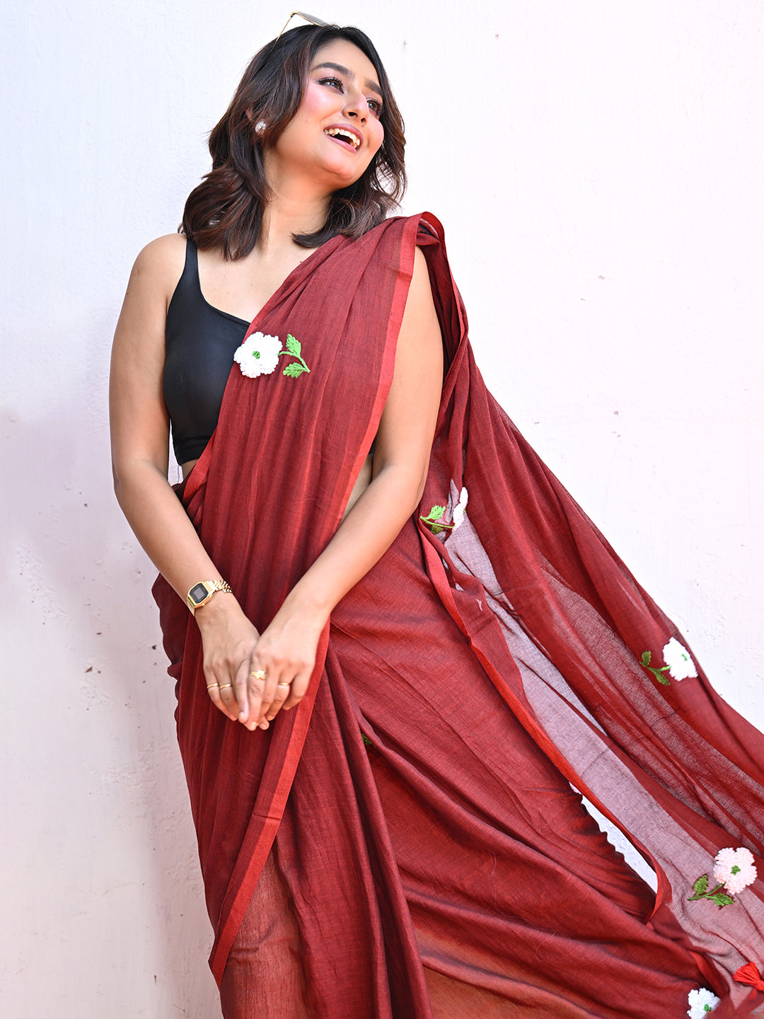 Brown Embroidered Mulmul Cotton Saree