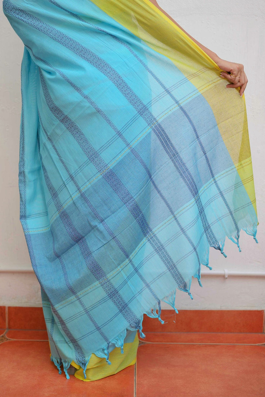 Sky Blue Green Pure Cotton Saree