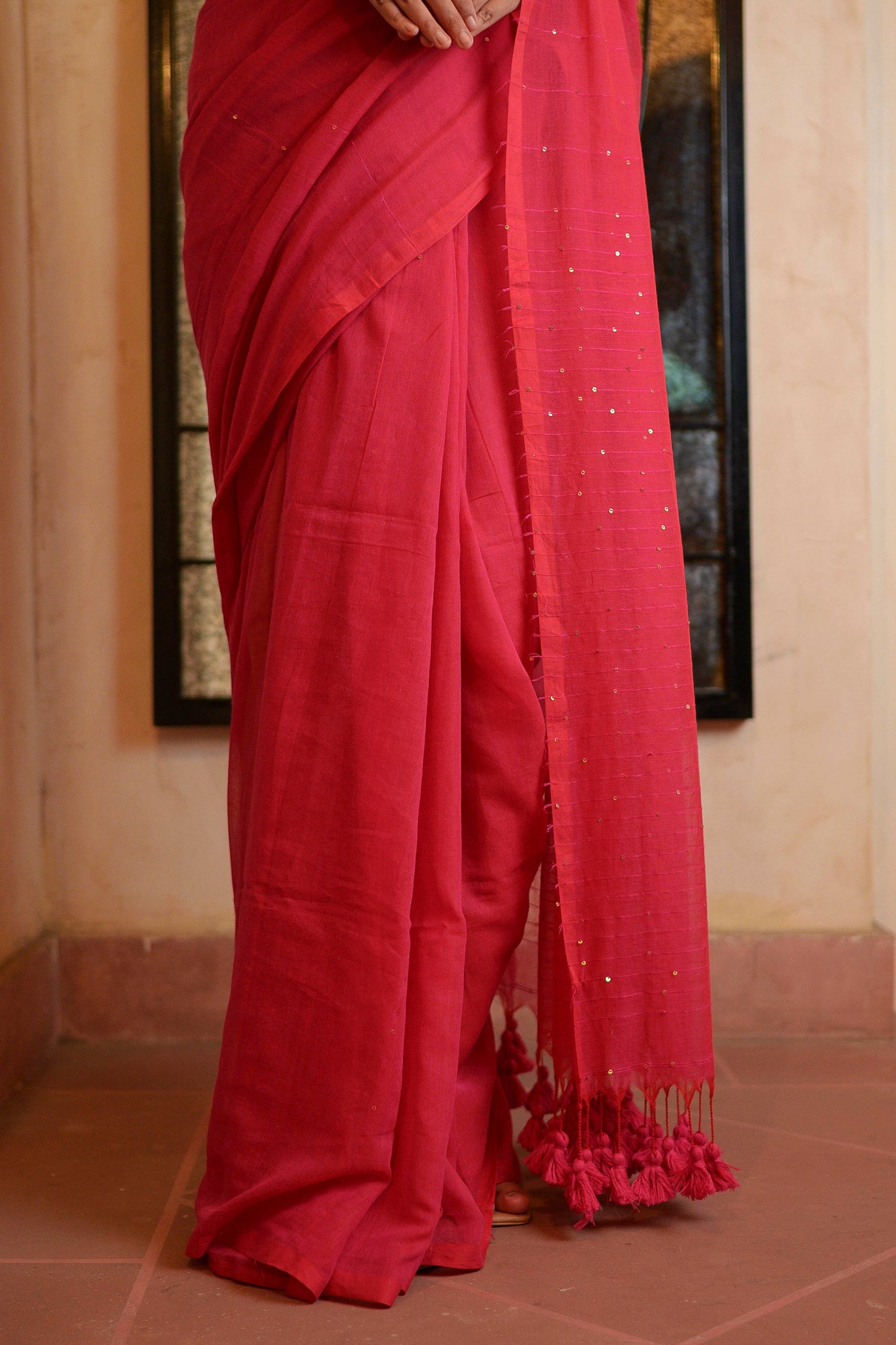 Pink Sequined Mulmul Cotton Saree