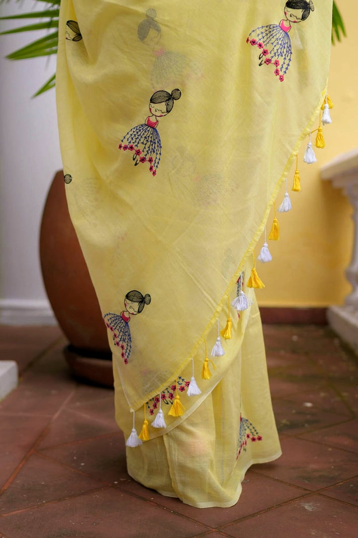 Yellow Embroidery Mulmul Cotton Saree