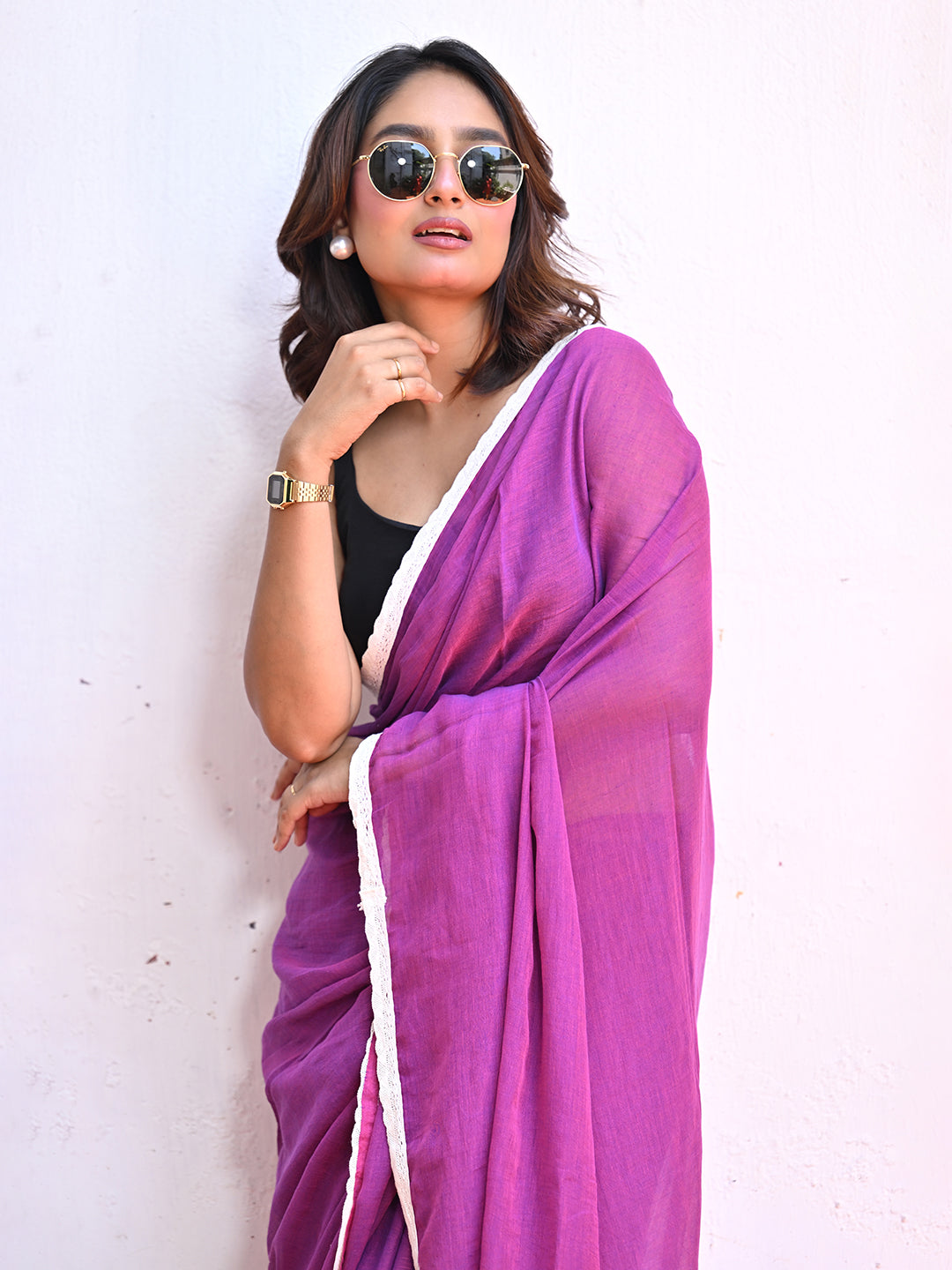 Purple Mulmul Cotton Saree