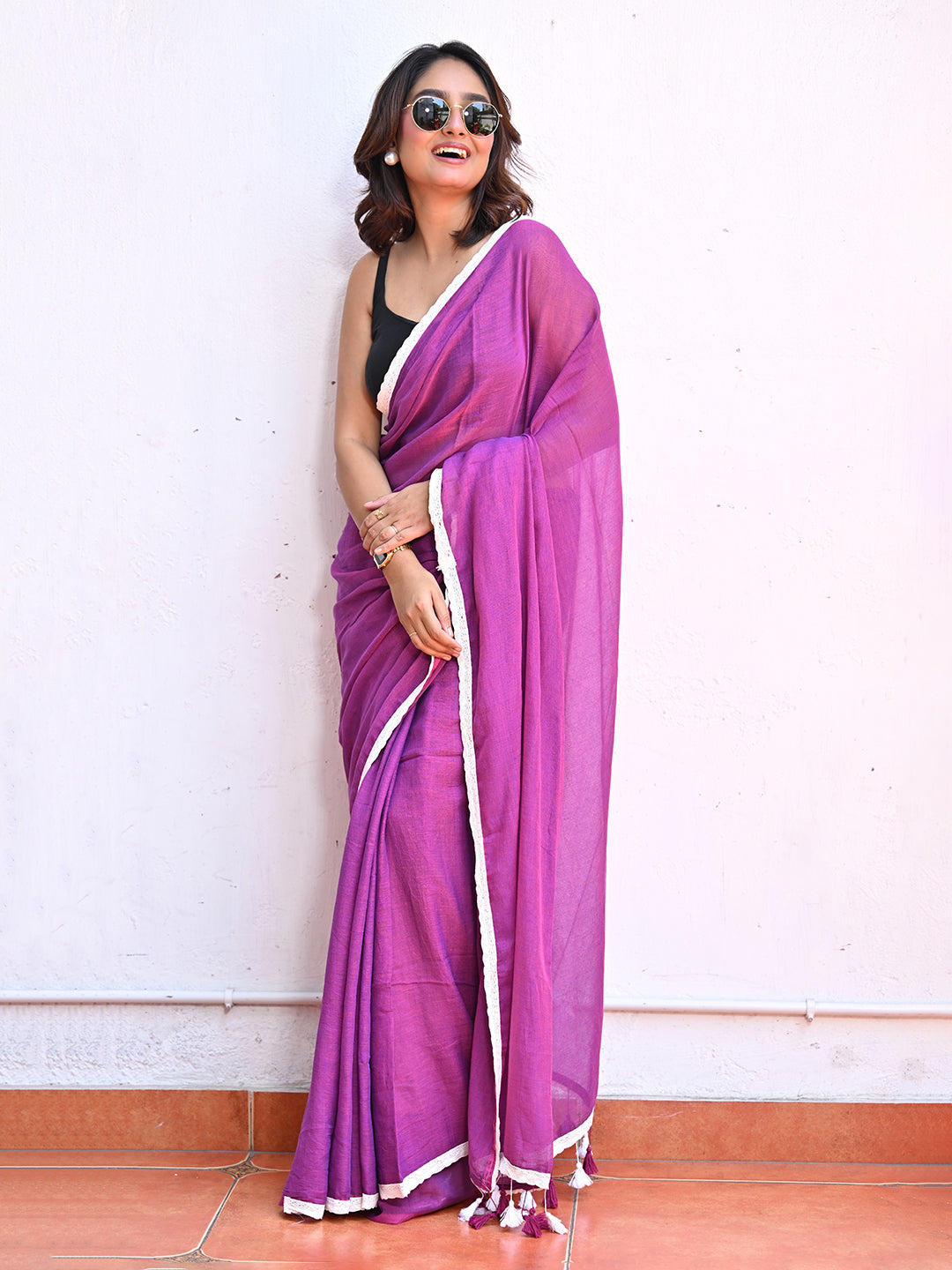 Purple Mulmul Cotton Saree