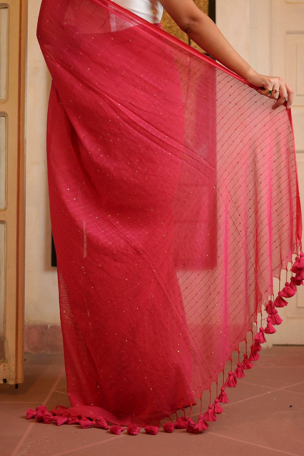 Pink Sequined Mulmul Cotton Saree