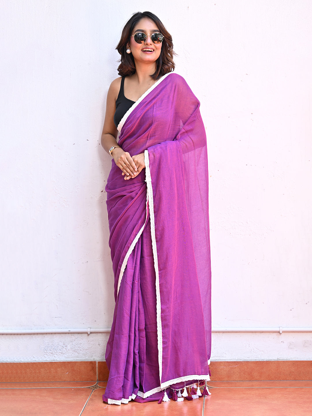 Purple Mulmul Cotton Saree