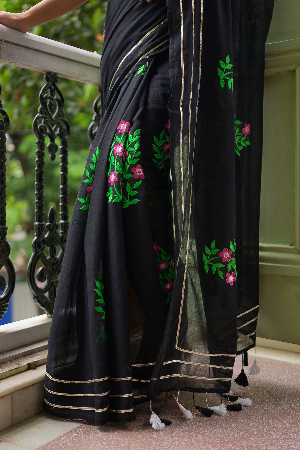 Black Sequined Mulmul Cotton Saree